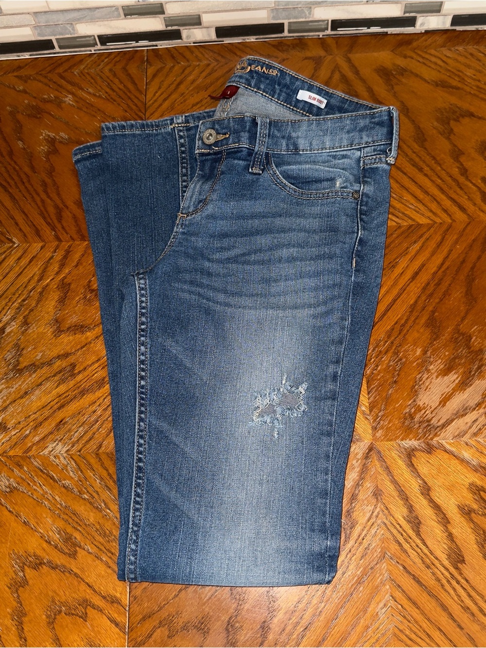 Arizona Jean Co Slim Boot Mid Rise Distressed Whiskered Denim Jeans 9